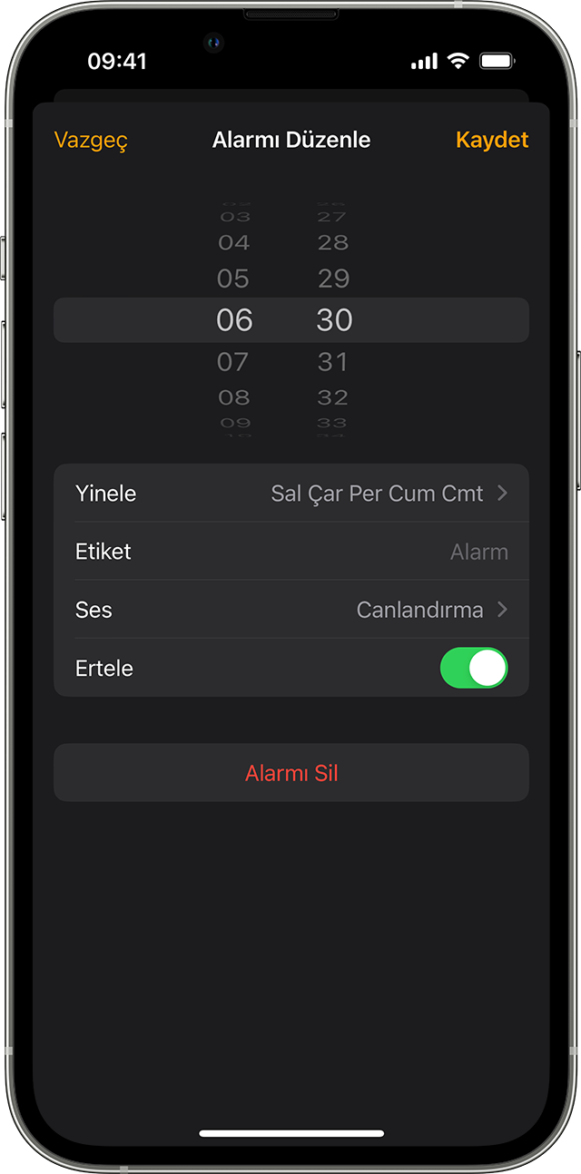 iPhone'unuzda alarm kurma ve alarmları değiştirme - Apple Destek (TR)