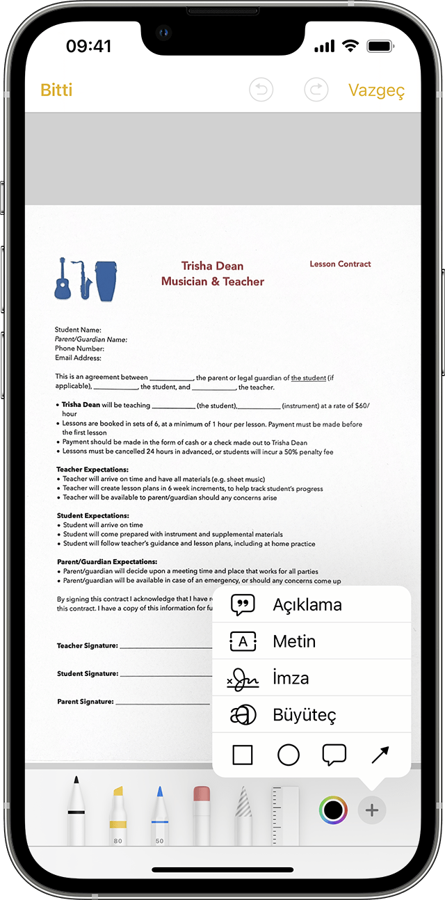 iPhone'unuzdaki Notlar uygulamasında, taranmış bir belgeyi imzalamak için İşaretle'yi kullanabilirsiniz.