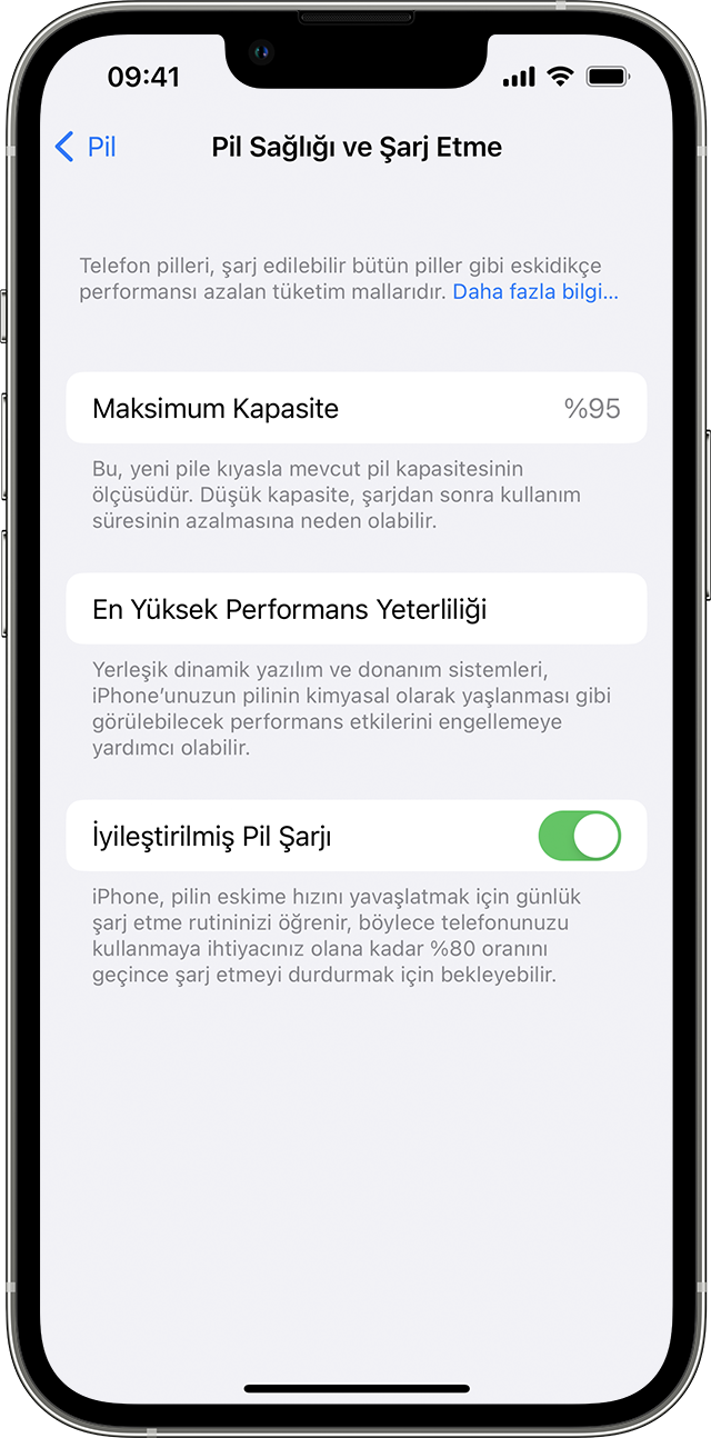 iPhone'unuzdaki İyileştirilmiş Pil Şarjı özelliği hakkında - Apple Destek  (TR)