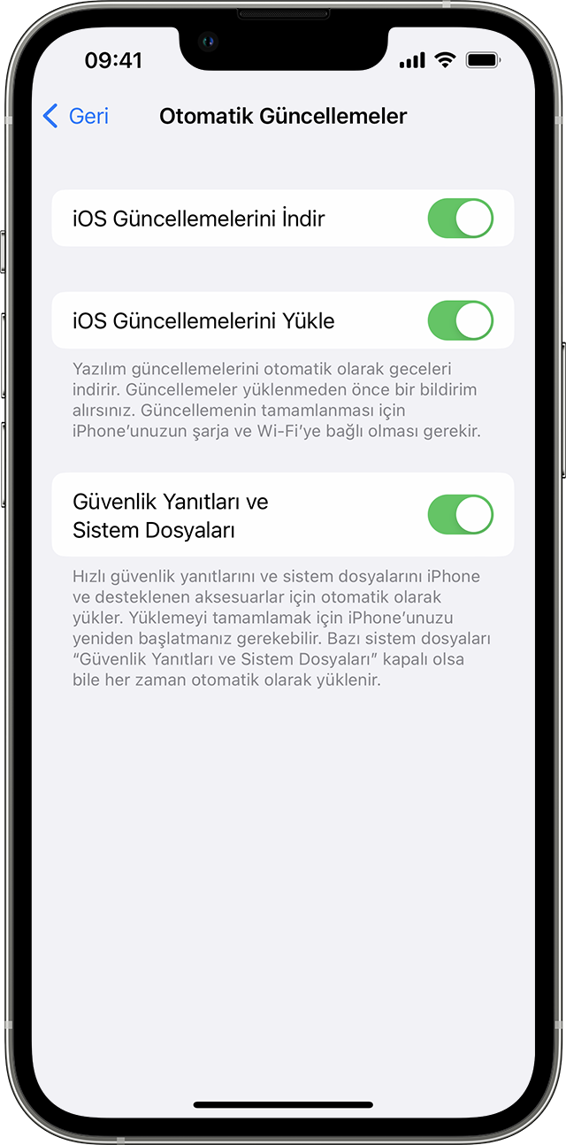 iPhone'da aygıtınızı otomatik olarak güncelleme seçeneklerini gösteren Ayarlar uygulaması.