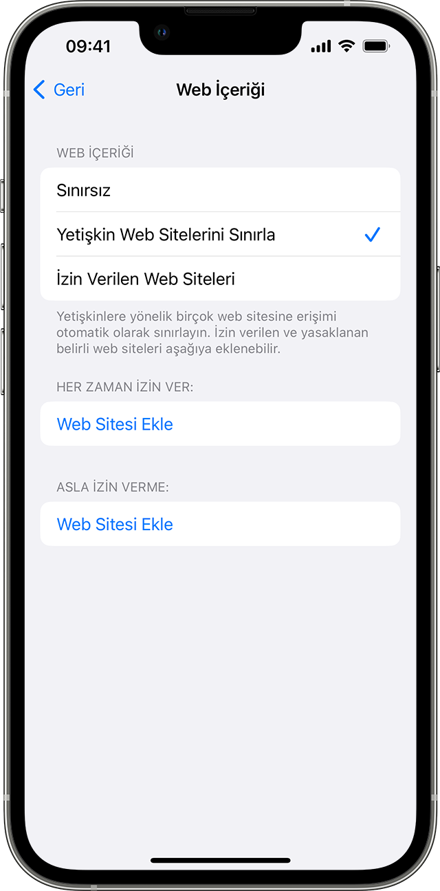 Web İçeriği ekranını gösteren iPhone. Web İçeriği altında, Yetişkin Web Sitelerini Sınırla seçeneği belirlenmiştir ve yanında bir onay işareti bulunmaktadır.