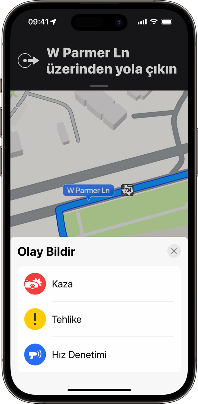 iPhone'unuzdaki Harita'da adım adım yol tariflerini kullanırken olay bildirebilirsiniz.