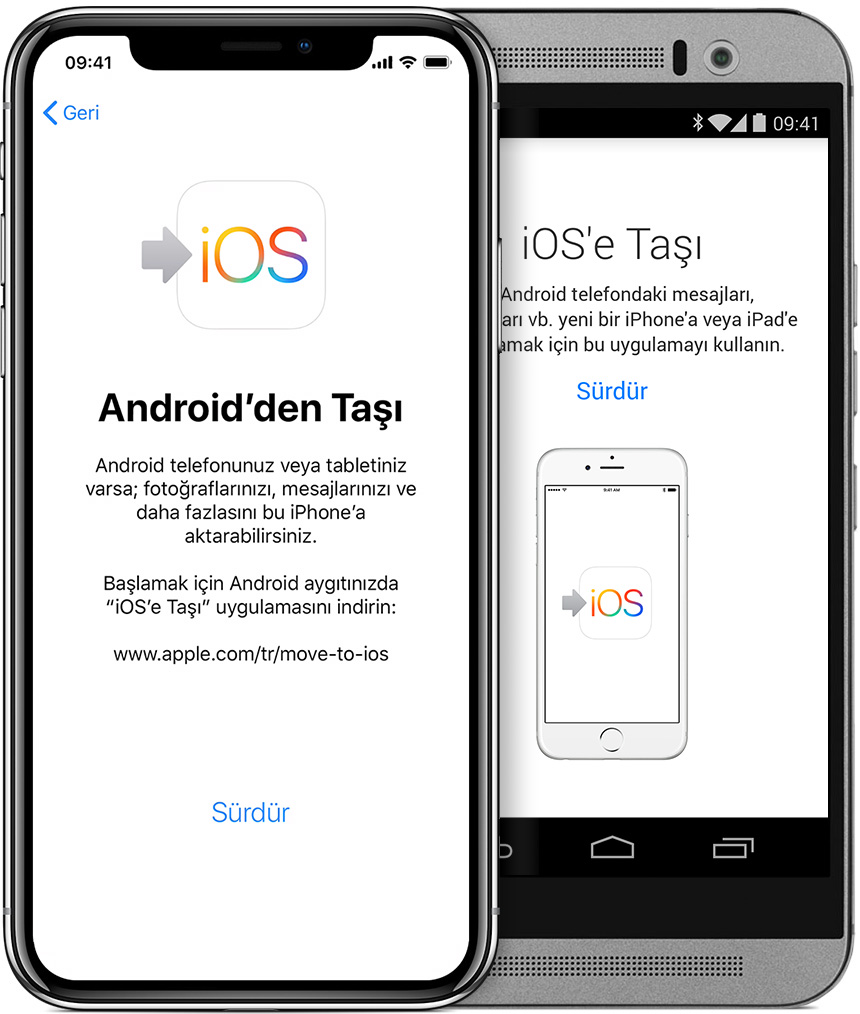 iPhone ve Android aygıtlarında iOS'e Taşı uygulamasının göründüğü ekranlar