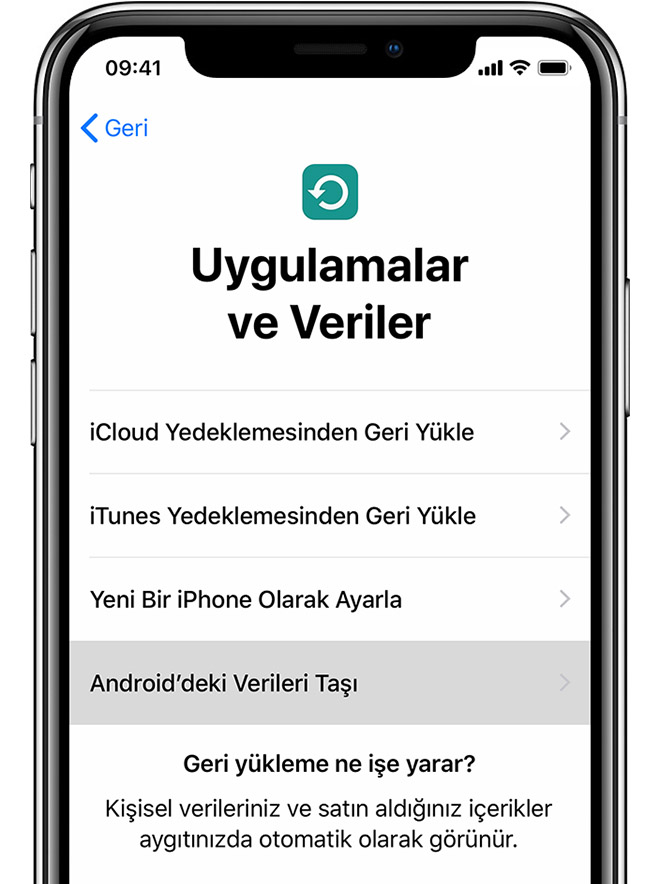 iPhone'daki Uygulamalar ve Veriler ekranı
