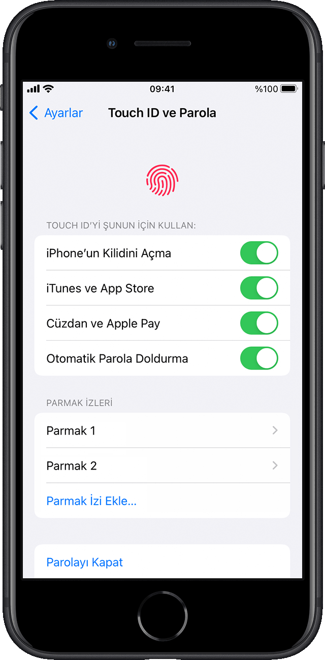Kullanıcı, Ayarlar'da Touch ID ile hangi iPhone özelliklerinin etkinleştirileceğini seçer