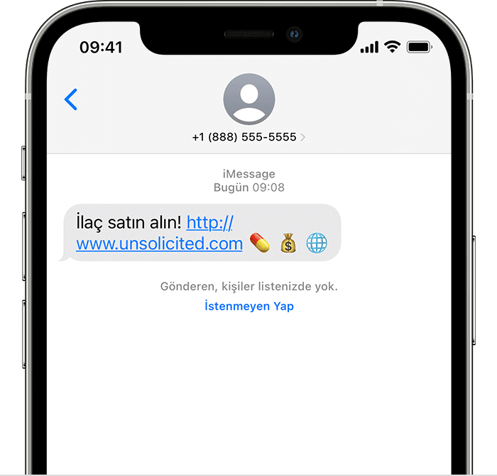 Mesajlar uygulamasında istenmeyen e-postaların nasıl bildirileceğini gösteren iPhone