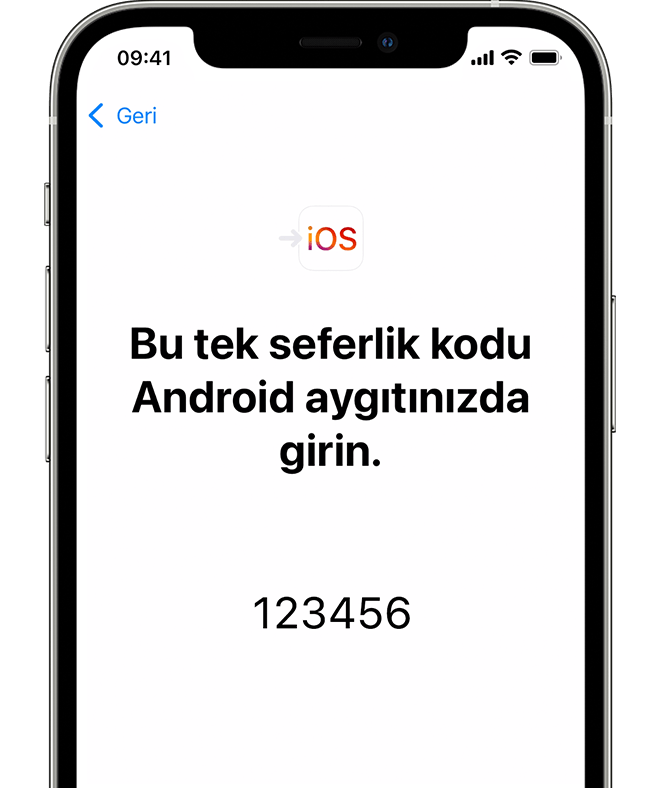 iPhone'daki Android'den Taşı ekranında görünen kod