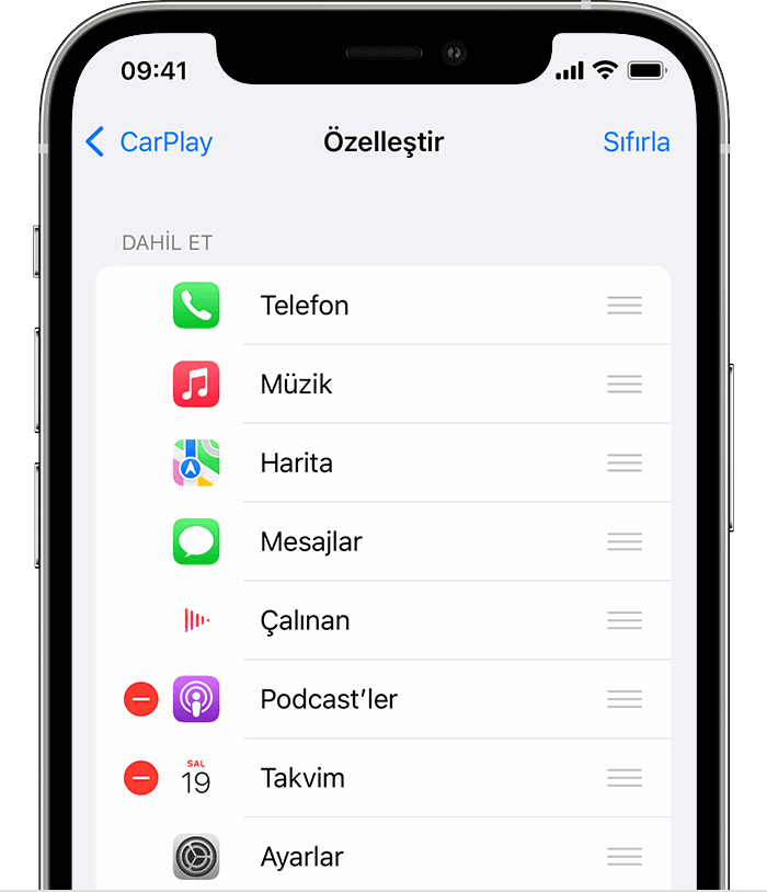 CarPlay uygulamalarının nasıl düzenleneceğini gösteren iPhone