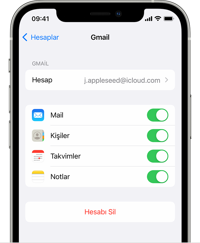 Ayarlar > Mail > Hesaplar > Gmail'de bağlı bir Gmail hesabının ayarlarını gösteren bir iPhone.