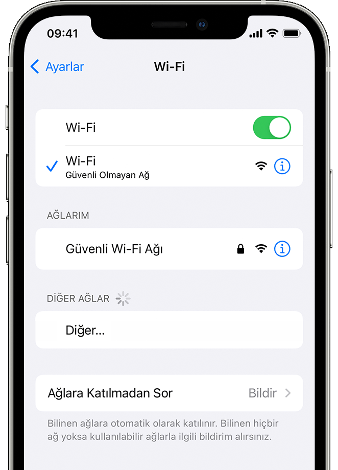 Ayarlar > Wi-Fi ekranını gösteren bir iPhone. Wi-Fi ağı adının yanında mavi bir onay işareti vardır.