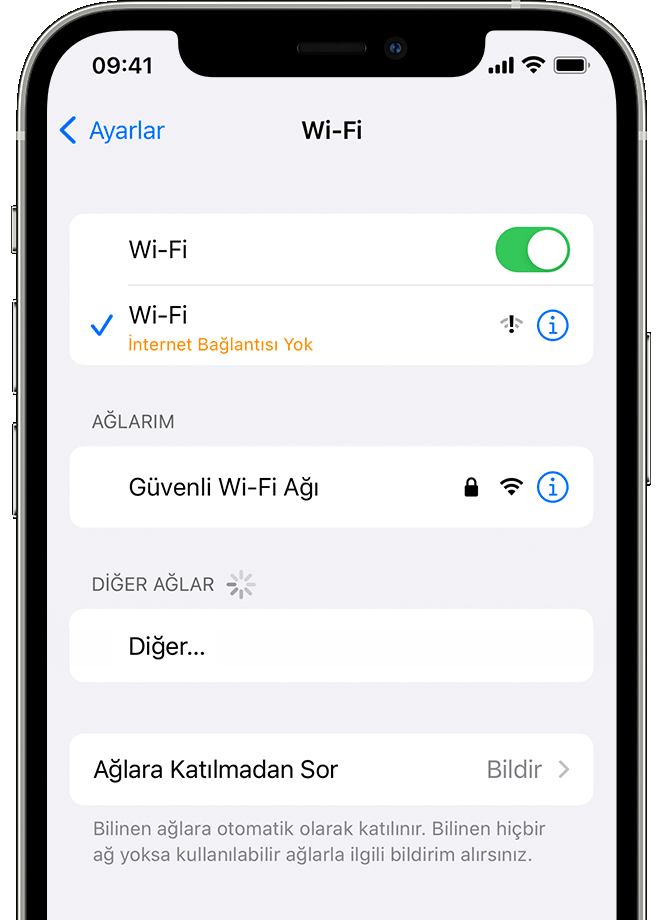 Ayarlar > Wi-Fi ekranını gösteren bir iPhone. Wi-Fi ağı adının altında 