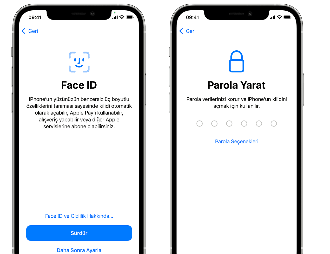 Face ID ayarlama ve Parola Oluşturma seçeneğini gösteren ekran