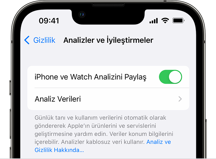 iPhone ve Watch Analizini Paylaş özelliği açık şekilde Analizler ve İyileştirmeler seçeneklerini gösteren iPhone.