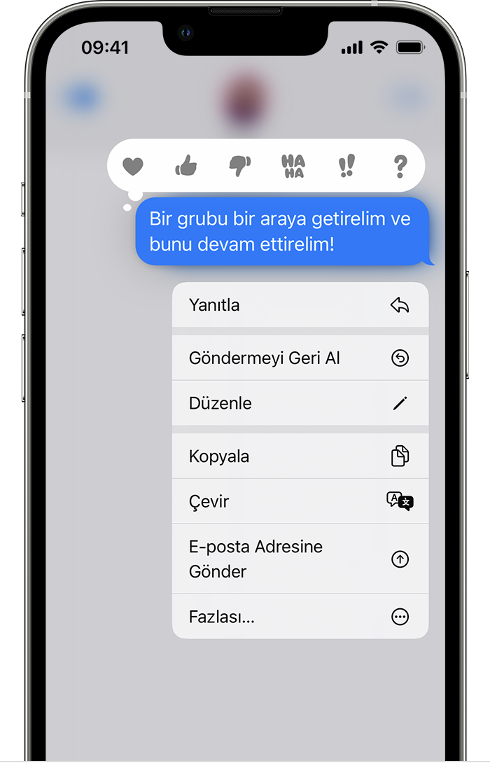 iOS 16'da, Mesajlar'daki bir yazışmada bir mesajı basılı tuttuğunuzda görünen seçeneklerde, Düzenle ve Göndermeyi Geri Al yer alır.