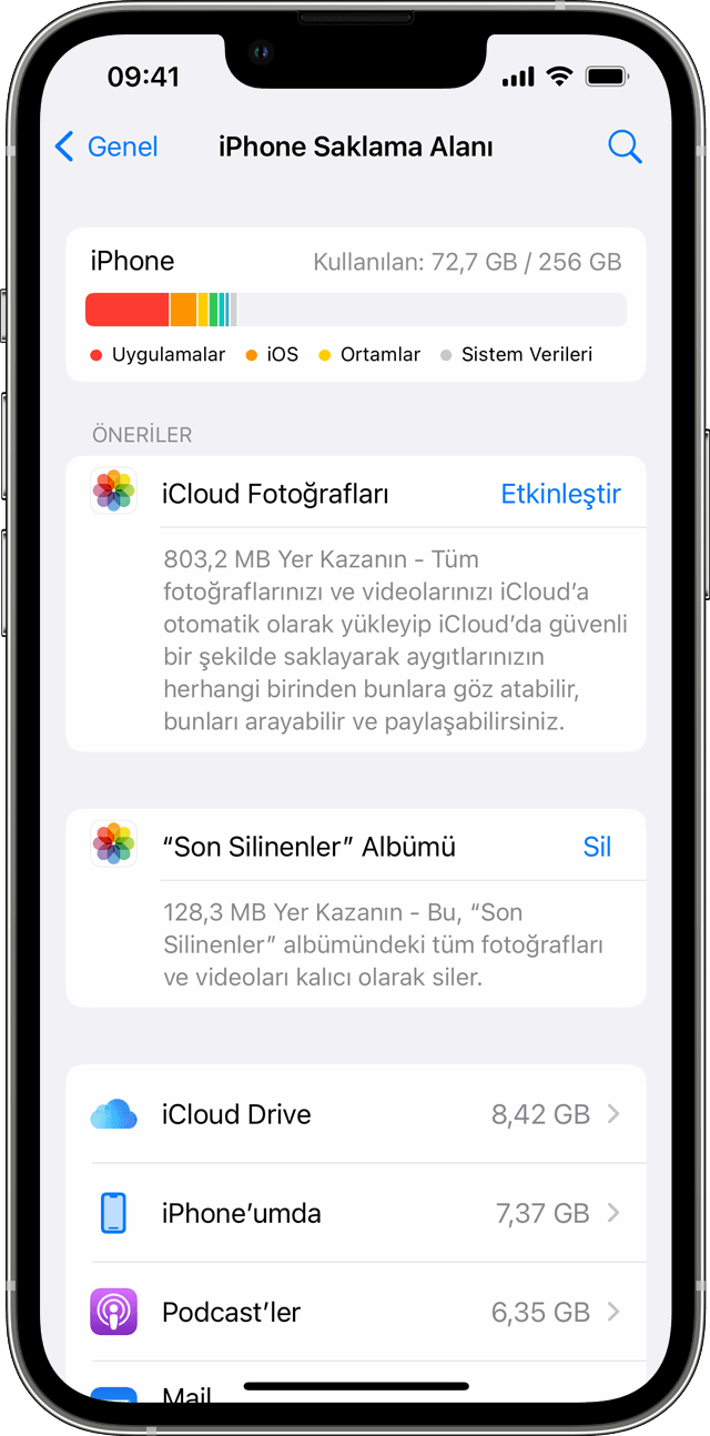[Aygıt] Saklama Alanı ekranını gösteren iPhone. Bu ekranda, aygıtınızda en fazla alanı hangi uygulamaların ve hizmetlerin kullandığını görebilirsiniz.
