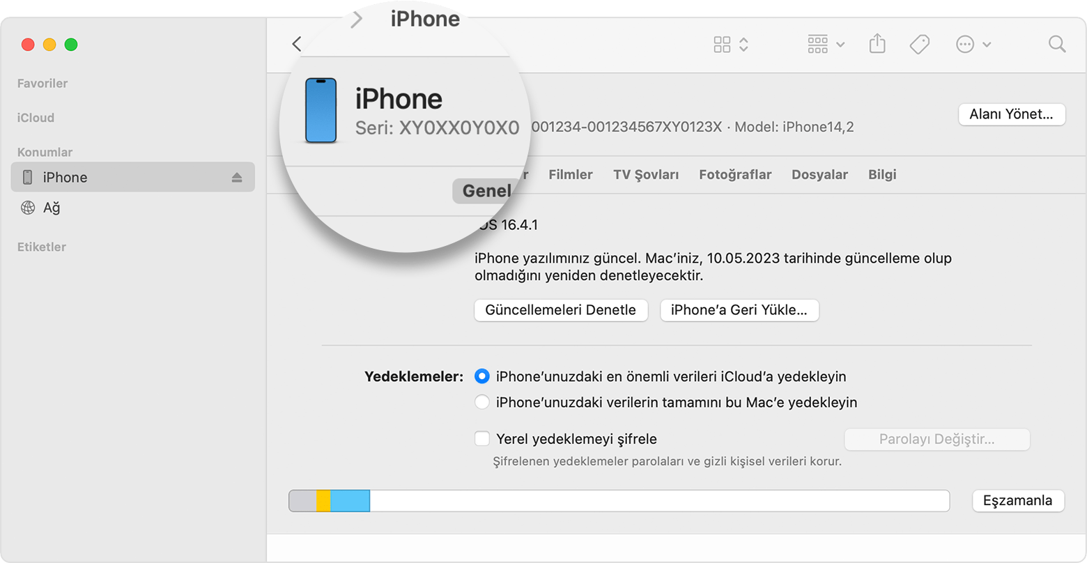 iPhone seri numarasını gösteren Finder penceresinin ekran görüntüsü