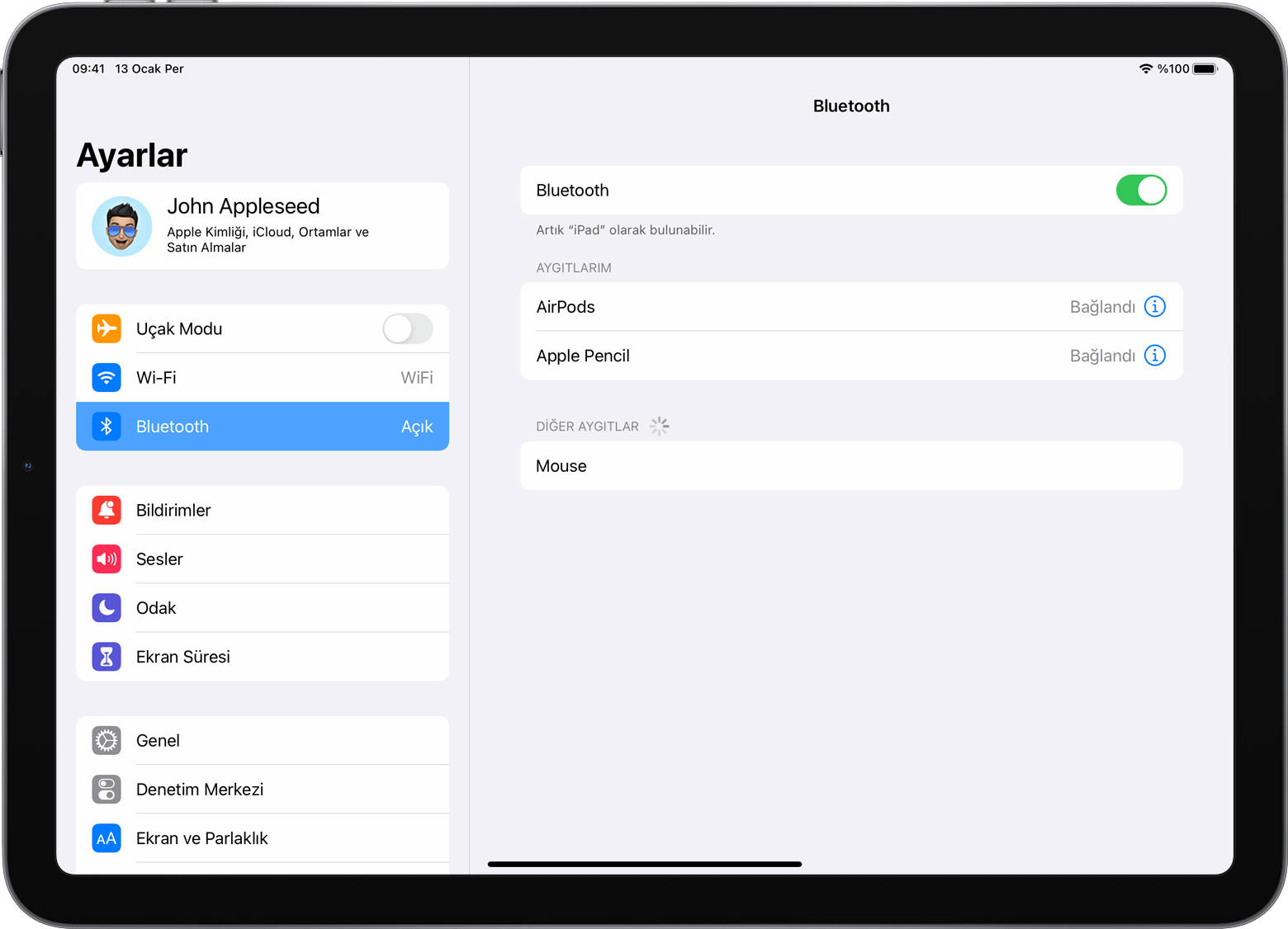 iPad'e bağlı aygıtların listesi Ayarlar > Bluetooth'ta bulunabilir