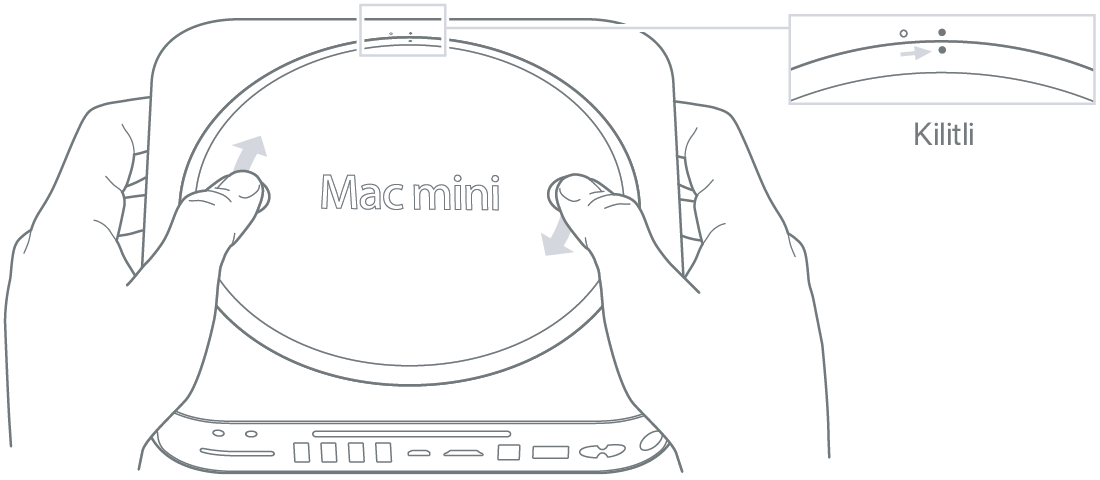 Mac mini bilgisayarın, alt kapağı kilitli konumda gösterilen alt tarafı