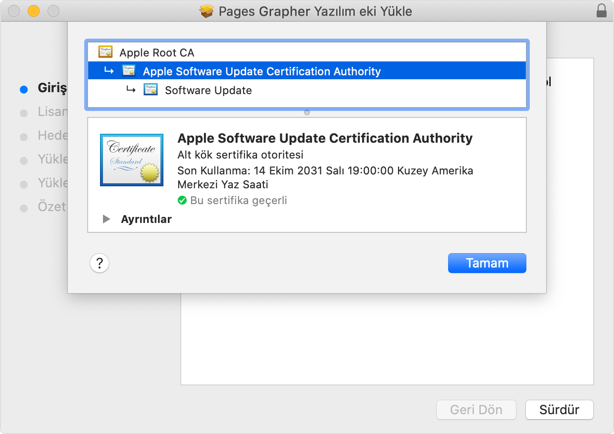 Apple Software Update Certificate Authority'nin (Apple Yazılım Güncelleme Sertifika Otoritesi) seçili olduğu yükleyici penceresi