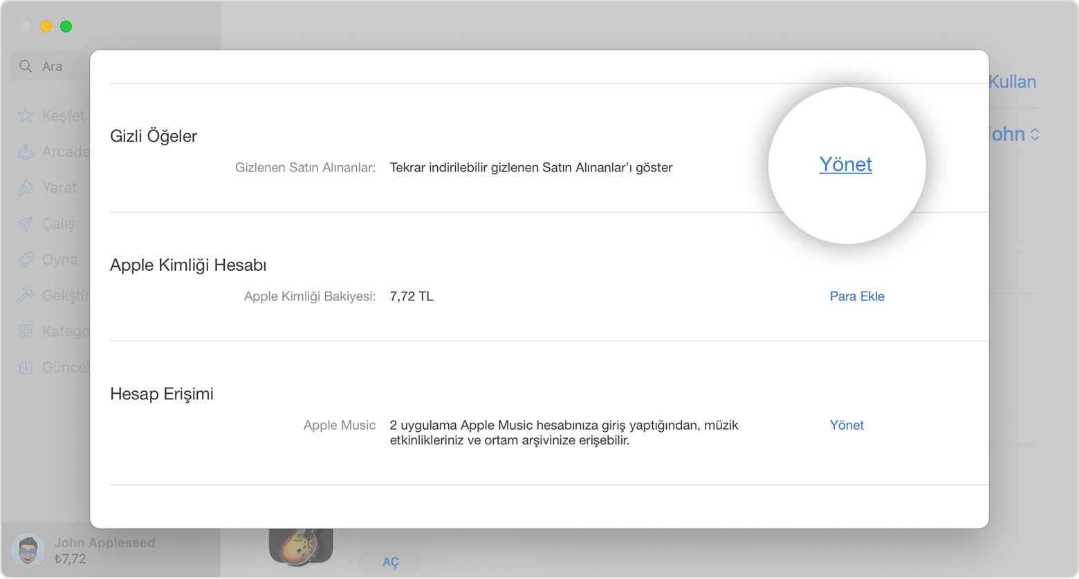 Mac'te, hesap bilgileri sayfasının Gizli Öğeler bölümünü gösteren App Store. Resimde Yönet düğmesi vurgulanmıştır.