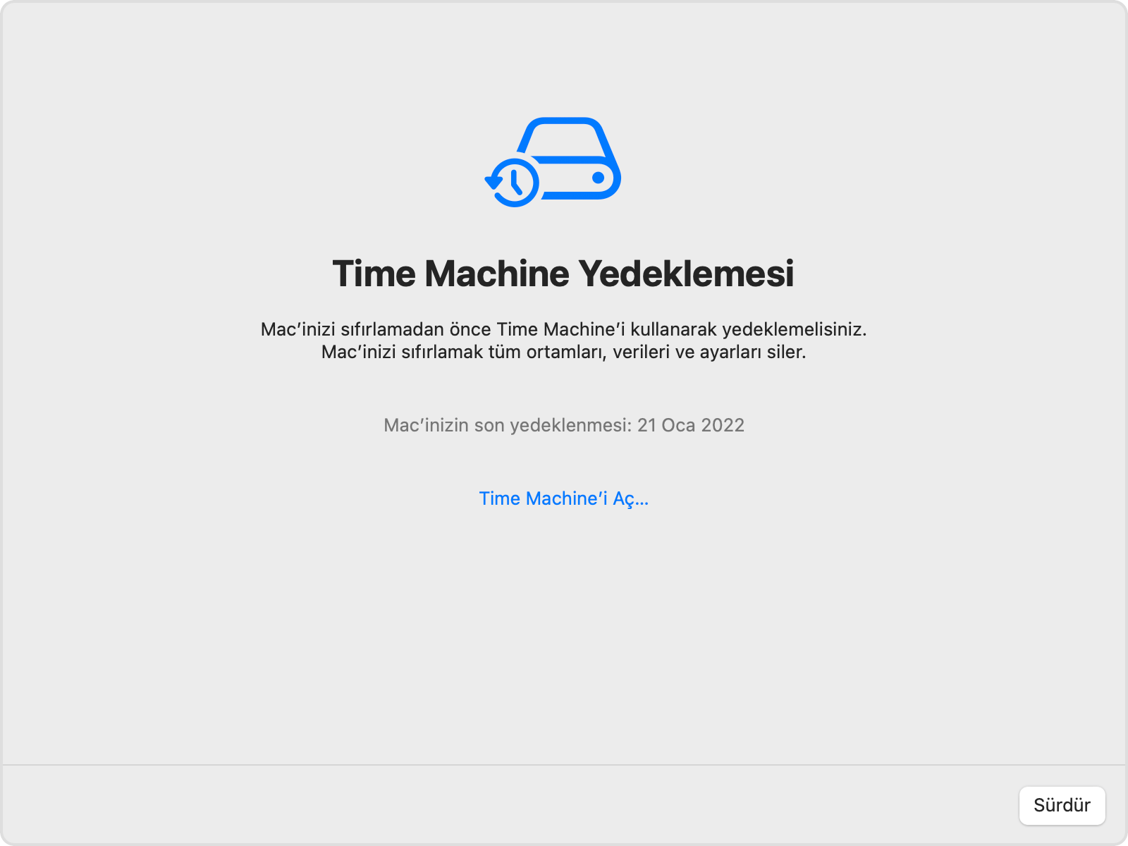 macOS Tüm İçerikleri ve Ayarları Sil Time Machine Yedeklemesi penceresi