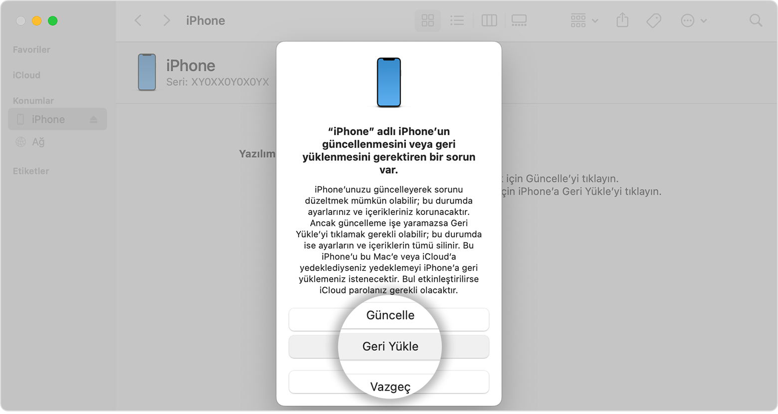 iPhone'unuzu bilgisayarınıza bağladıktan sonra Finder aracılığıyla iPhone'unuzu geri yükleyebilirsiniz.