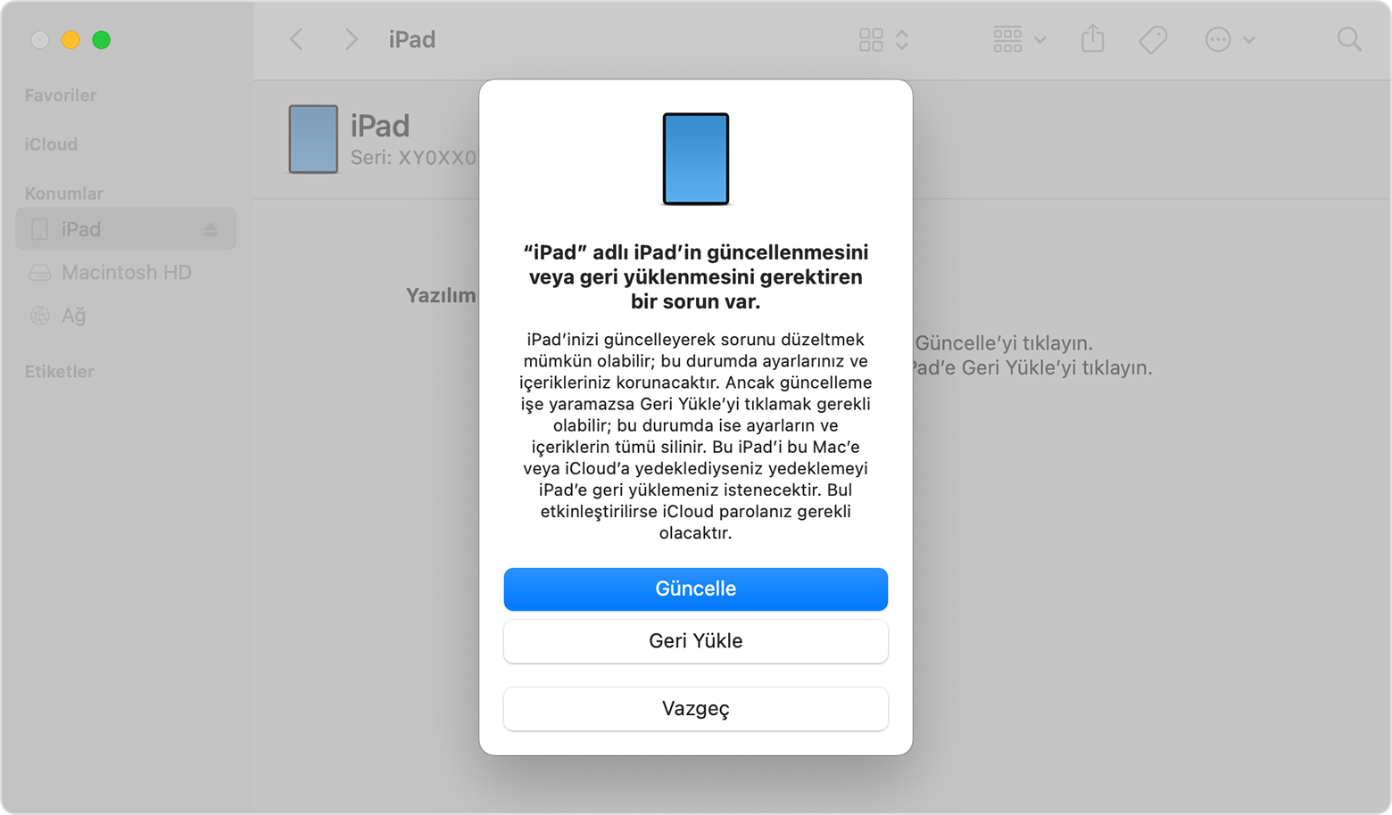 iPad'inizi güncelleme veya geri yükleme seçeneklerinin yer aldığı bir istem gösteren Finder penceresi. Güncelle seçilidir.