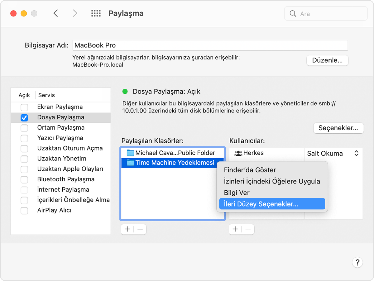macOS Paylaşma Sistem Tercihleri Paylaşılan Klasörler seçenekleri