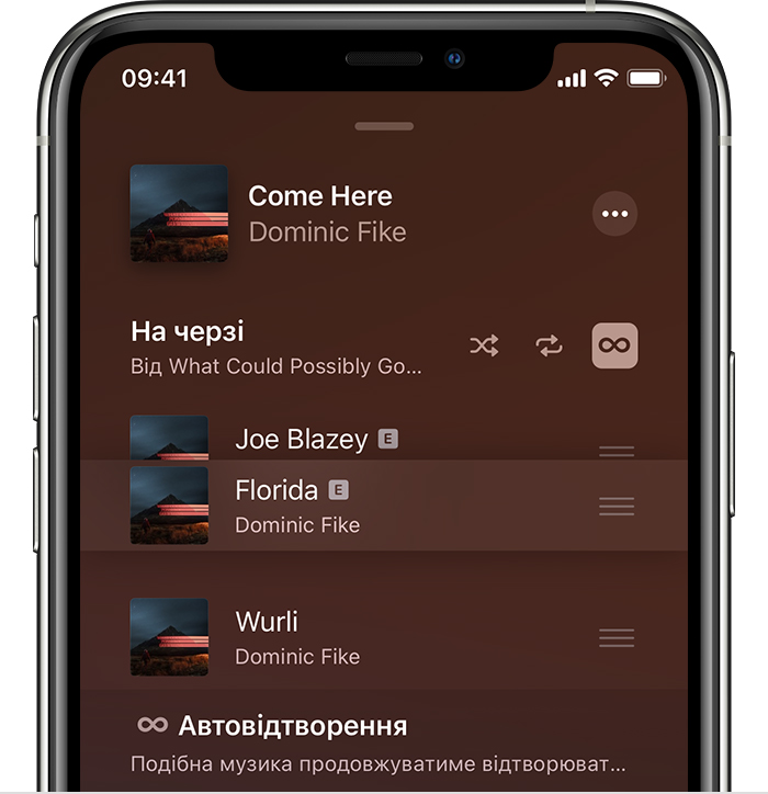 iPhone відображає музику, яку перевпорядковано на екрані «На черзі»