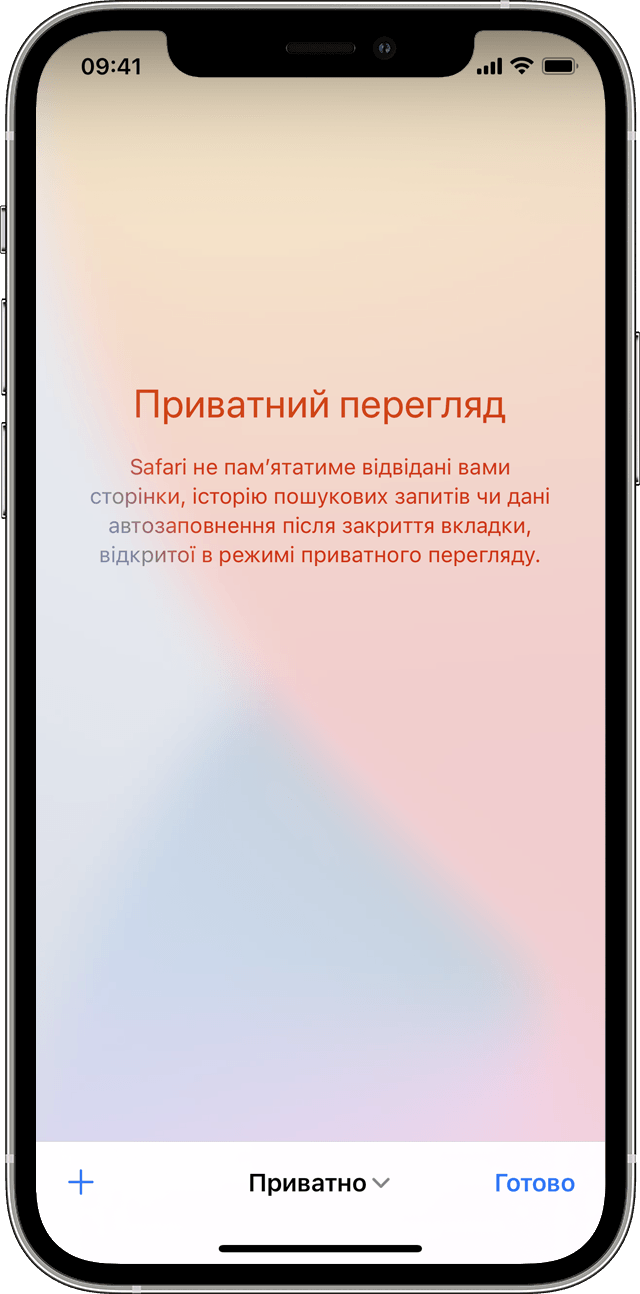 iPhone, на якому відображається екран режиму приватного перегляду після натискання кнопки «Приватний», щоб увімкнути приватний перегляд.