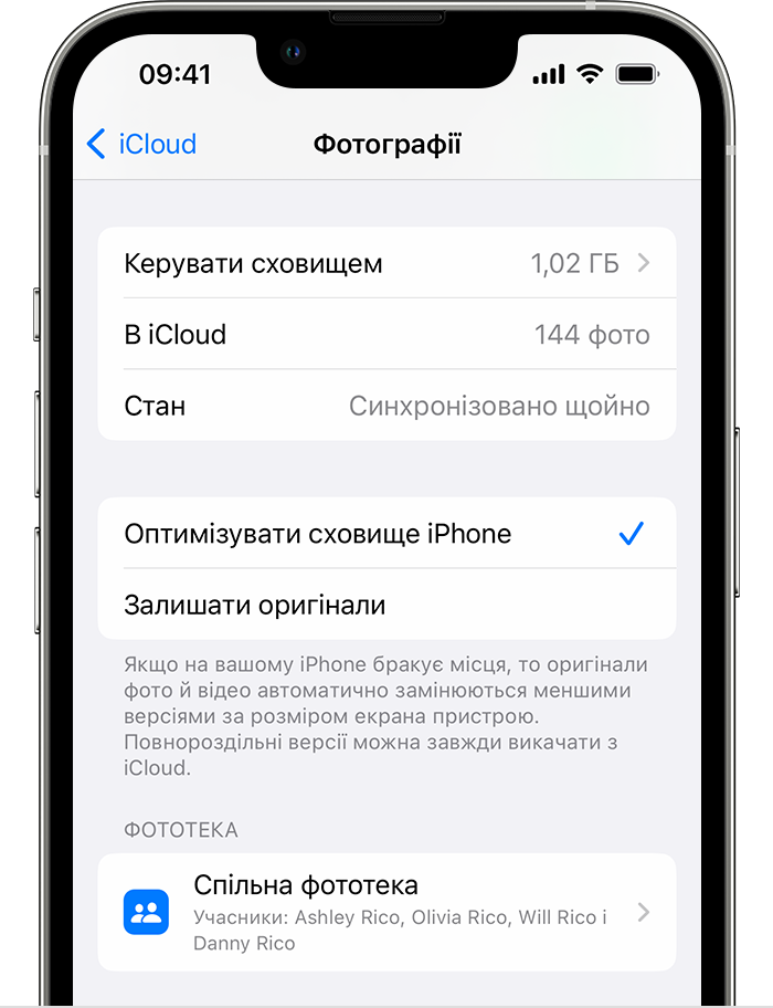 iPhone, на якому показано параметри програми «Фотографії» для iCloud, зокрема параметри «Оптимізувати сховище iPhone» або «Залишати оригінали»