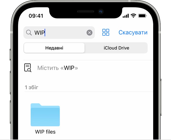 Результати пошуку папки з файлами з назвою «WIP» на пристрої iPhone.