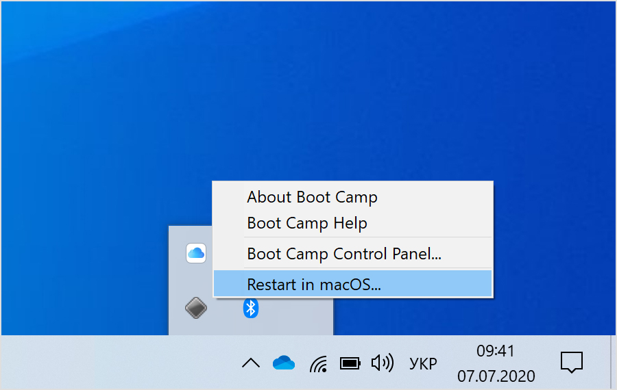 Меню Boot Camp в ОС Windows 10