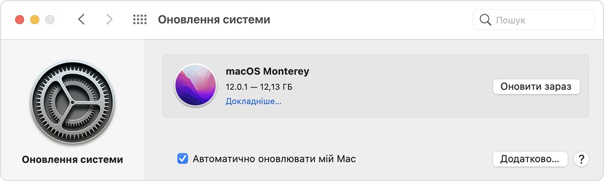 Панель «Оновлення ПЗ» у вікні «Системні параметри»