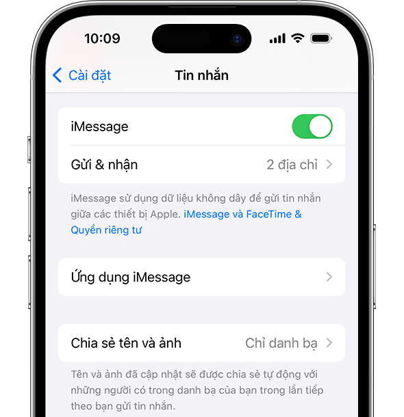 Ứng dụng Cài đặt iPhone hiển thị các cài đặt khác nhau cho Tin nhắn