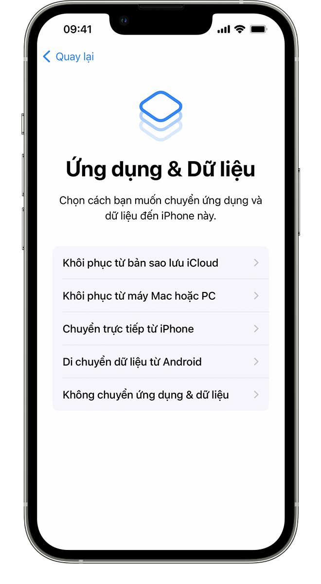Một iPhone mới hiển thị màn hình Ứng dụng và dữ liệu, nơi bạn có thể chọn cách chuyển dữ liệu sang thiết bị này.