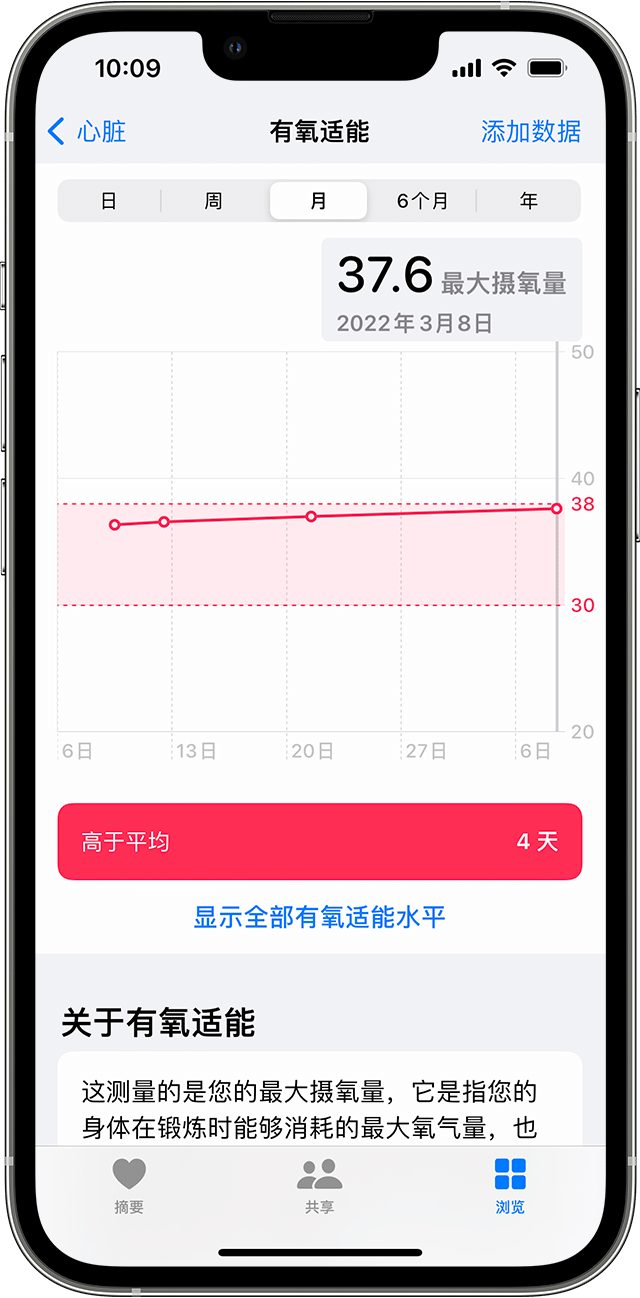 iPhone 上显示了每月有氧适能数据的示例图。