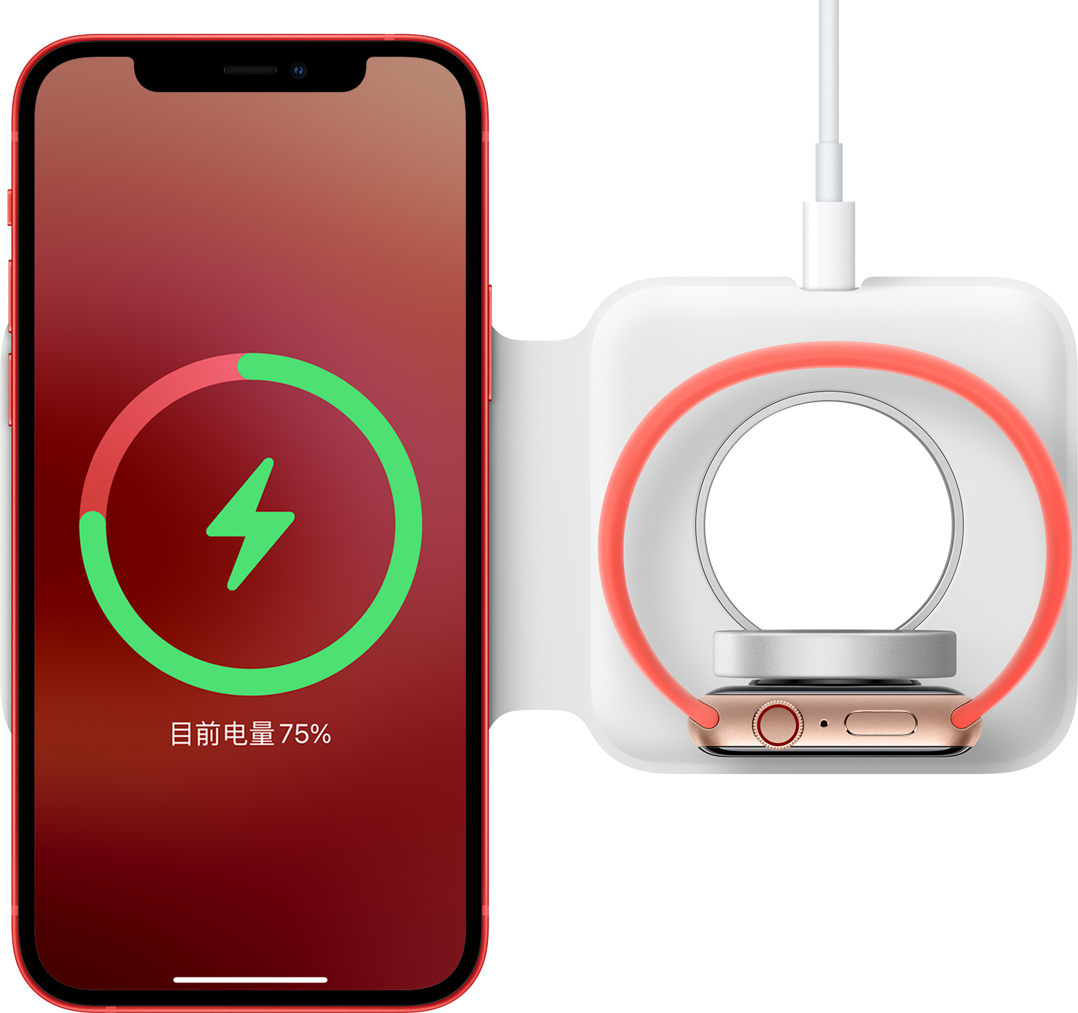 MagSafe 双项充电器正面朝上放置，正在为 iPhone 和 Apple Watch 充电
