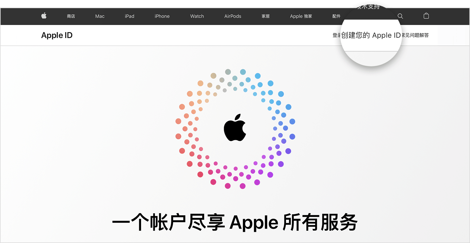 appleid.apple.com 的截屏，屏幕中央是 Apple 的标志，周围环绕着同心彩色圆圈。