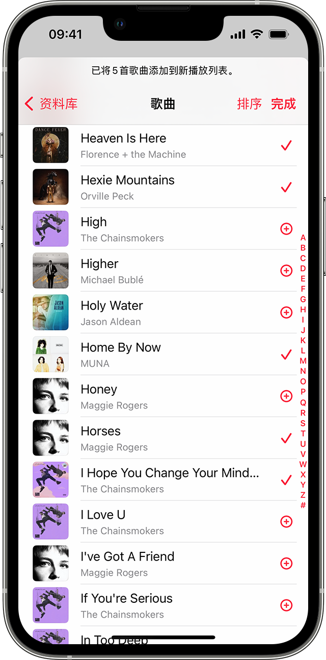 iPhone 屏幕，显示了“歌曲”播放列表。