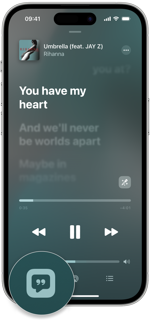 iPhone 上显示了“歌词”按钮