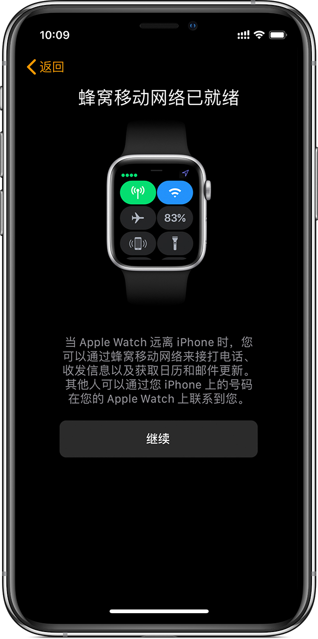 iPhone 的蜂窝网络设置屏幕，显示着 Apple Watch 上的蜂窝网络已就绪。