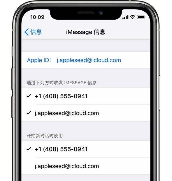 John Appleseed 已使用 Apple ID 登录 iMessage 信息。