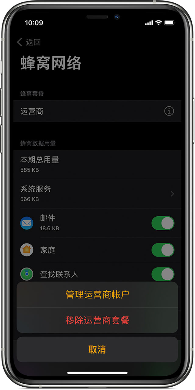 iPhone 显示了 Watch App 中的“蜂窝网络”屏幕