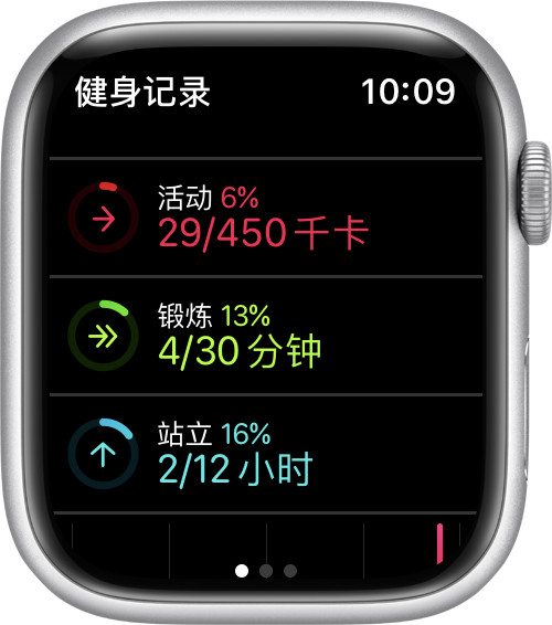 Apple Watch 表盘上显示了“健身记录”圆环进度