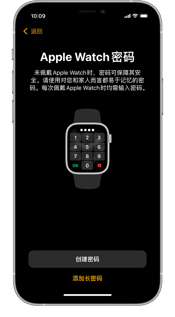 iPhone 上显示了 Apple Watch 密码设置屏幕。