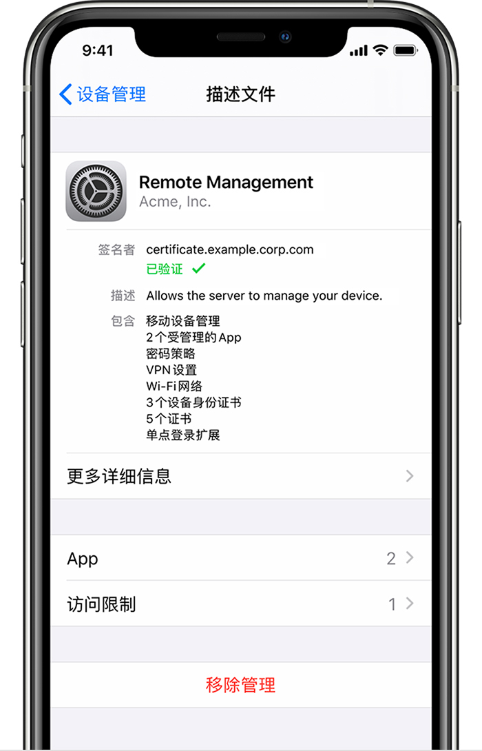 iPhone 在“VPN 与设备管理”中显示了已安装的描述文件