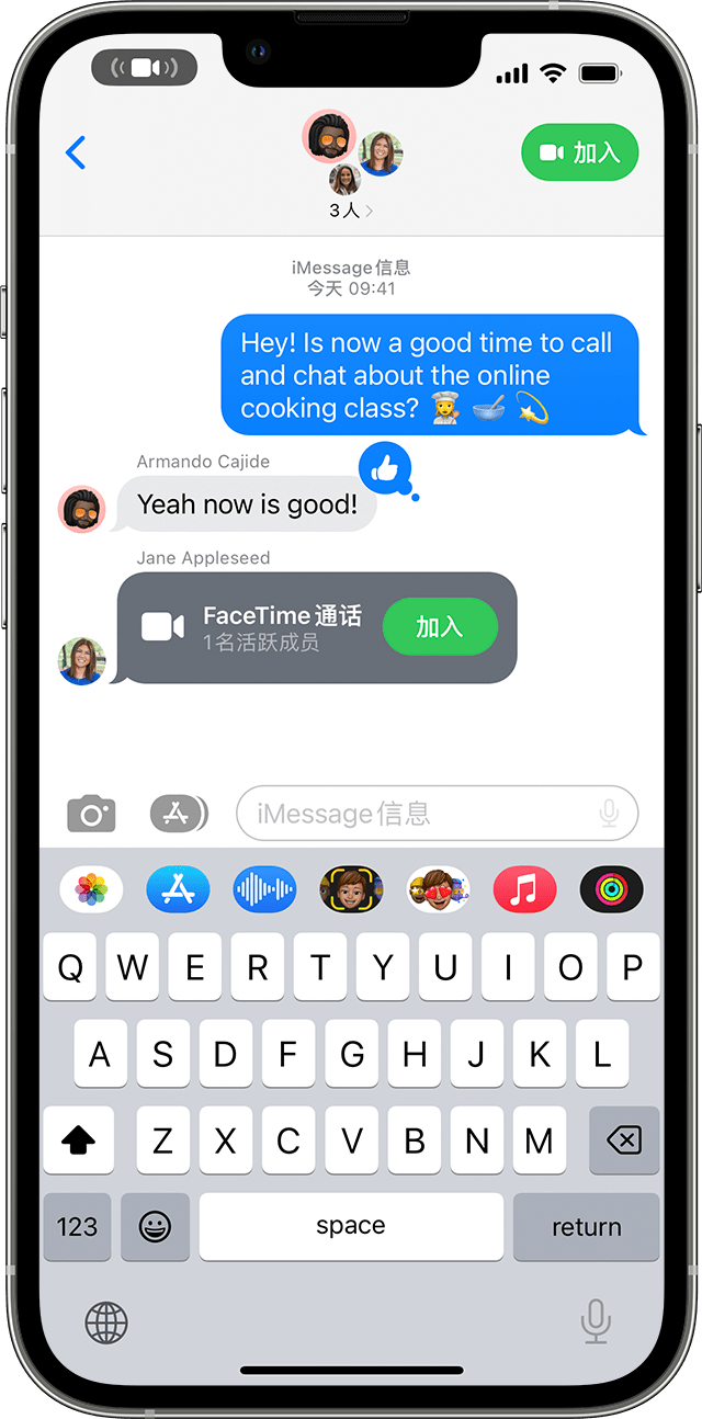 iPhone 显示了如何从群组信息加入 FaceTime 通话