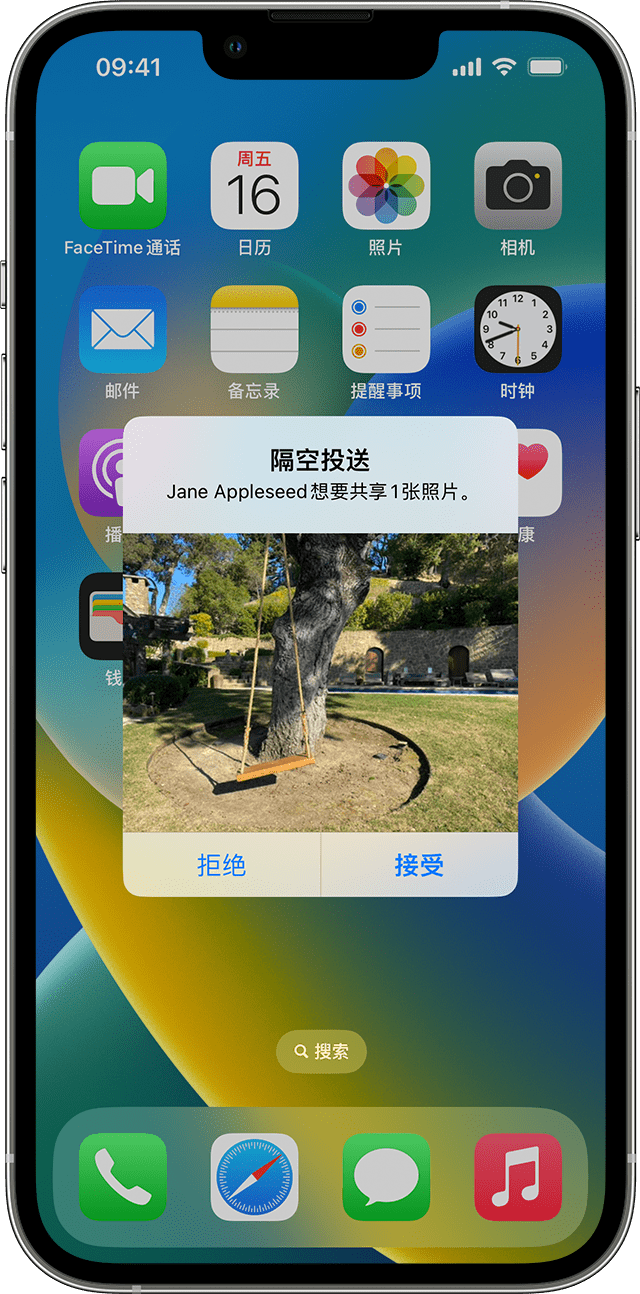 显示通过“隔空投送”传入一张树上有秋千的照片并带有“拒绝”或“接受”选项的 iPhone。