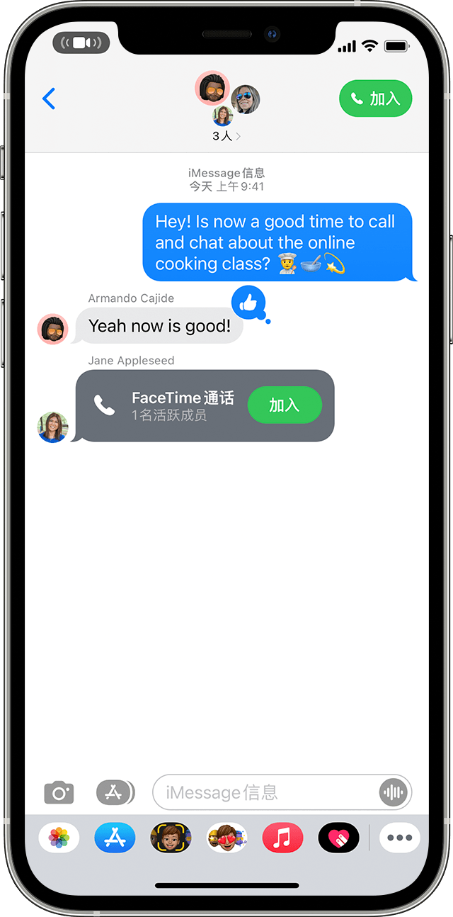 iPhone 显示如何从群组信息加入 FaceTime 通话